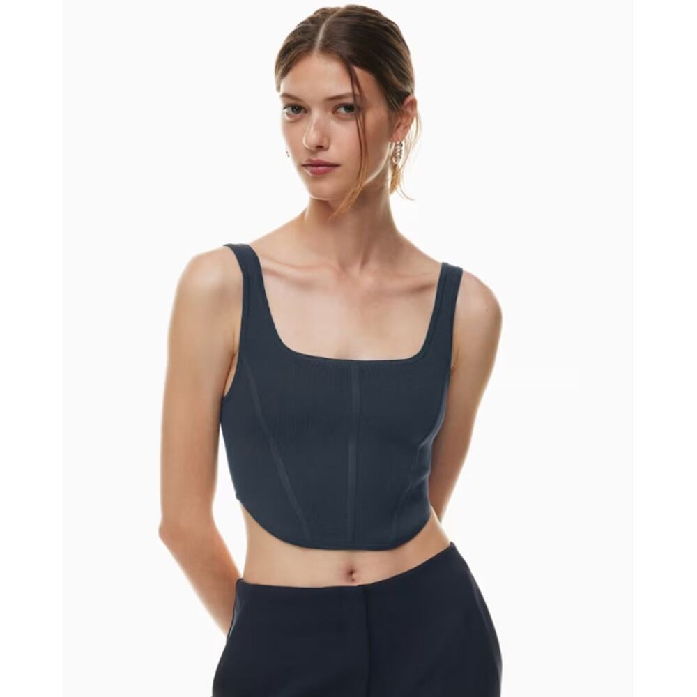BABATON Sculpt Knit Bustier Tank Navy Blue Squareneck Cropped Top Women's S - Picture 2 of 10